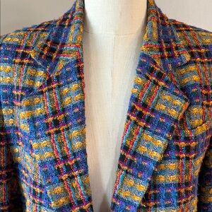 Women’s vintage vibrant multicolor Plaid textured Blazer jacket pockets button